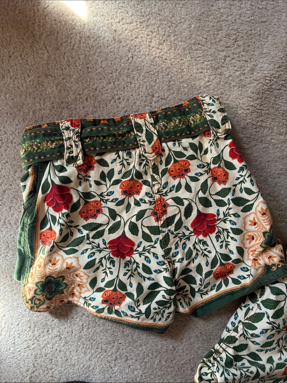 FARM Rio Green, Cream & Red Floral High-Waist Shorts with Tie Belt - Picture 6 of 6